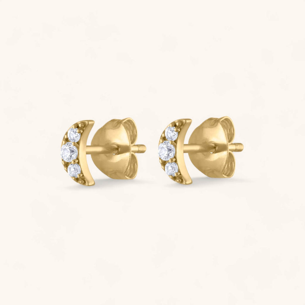 Pave Moon Studs in 14k Gold