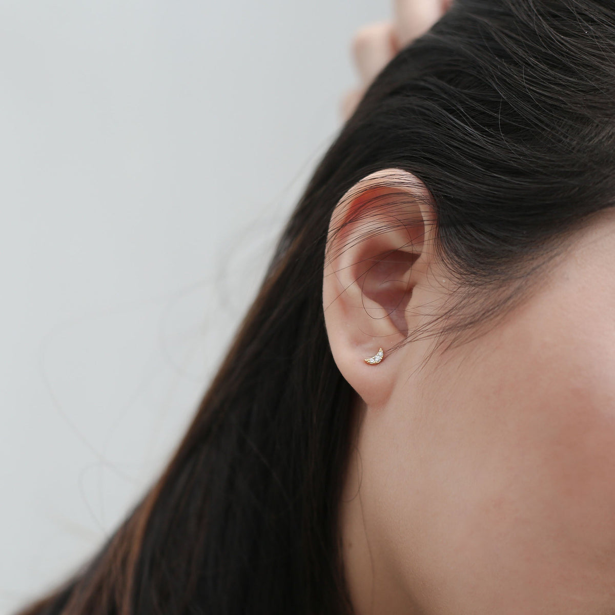 Pave Moon Studs in 14k Gold