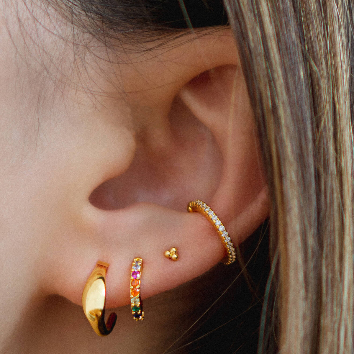 Trinity Ball Back Earrings in 14k Gold